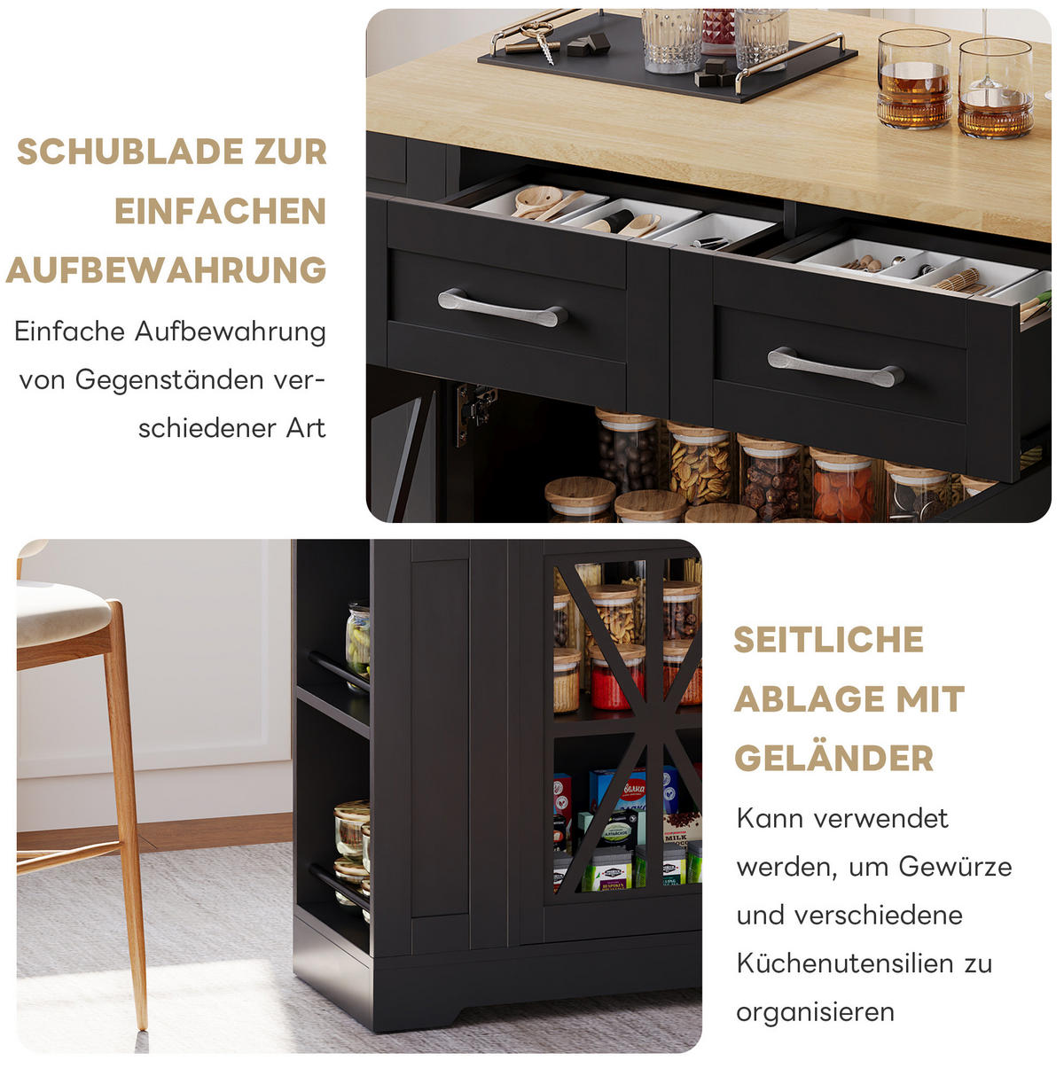 KÜCHENINSEL 120/40/92 cm schwarz/natur aus MDF mit Klapptisch - Schwarz, Holzwerkstoff (120/92/65cm) - OKWISH
