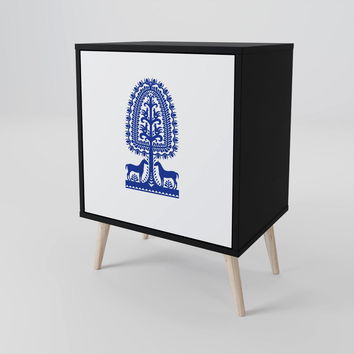 SIDEBOARD POLISH FOLK ART, Schwarz, 57,5x42x70,5 cm, Schwarze Metall-Sternfüße - Multicolor/Schwarz, Holzwerkstoff/Metall (57.5/70.5/42cm) - SpaceRebels