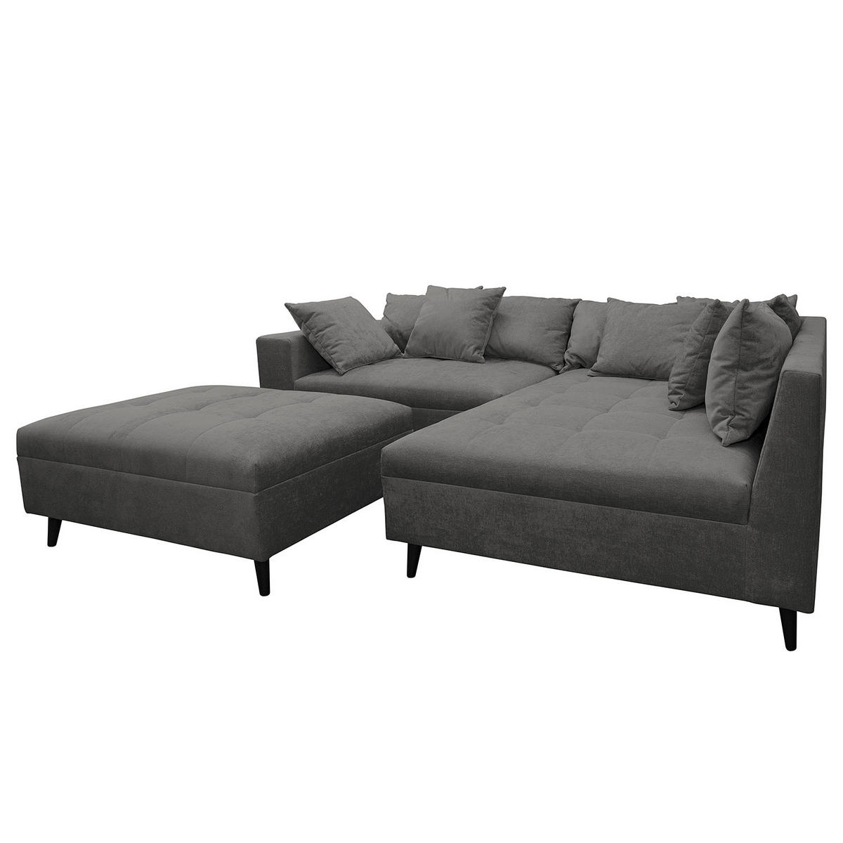 ECKSOFA mit Ottomane und Hocker - Schwarz/Grau, Birkenholz/Textil (247/174cm) - home24