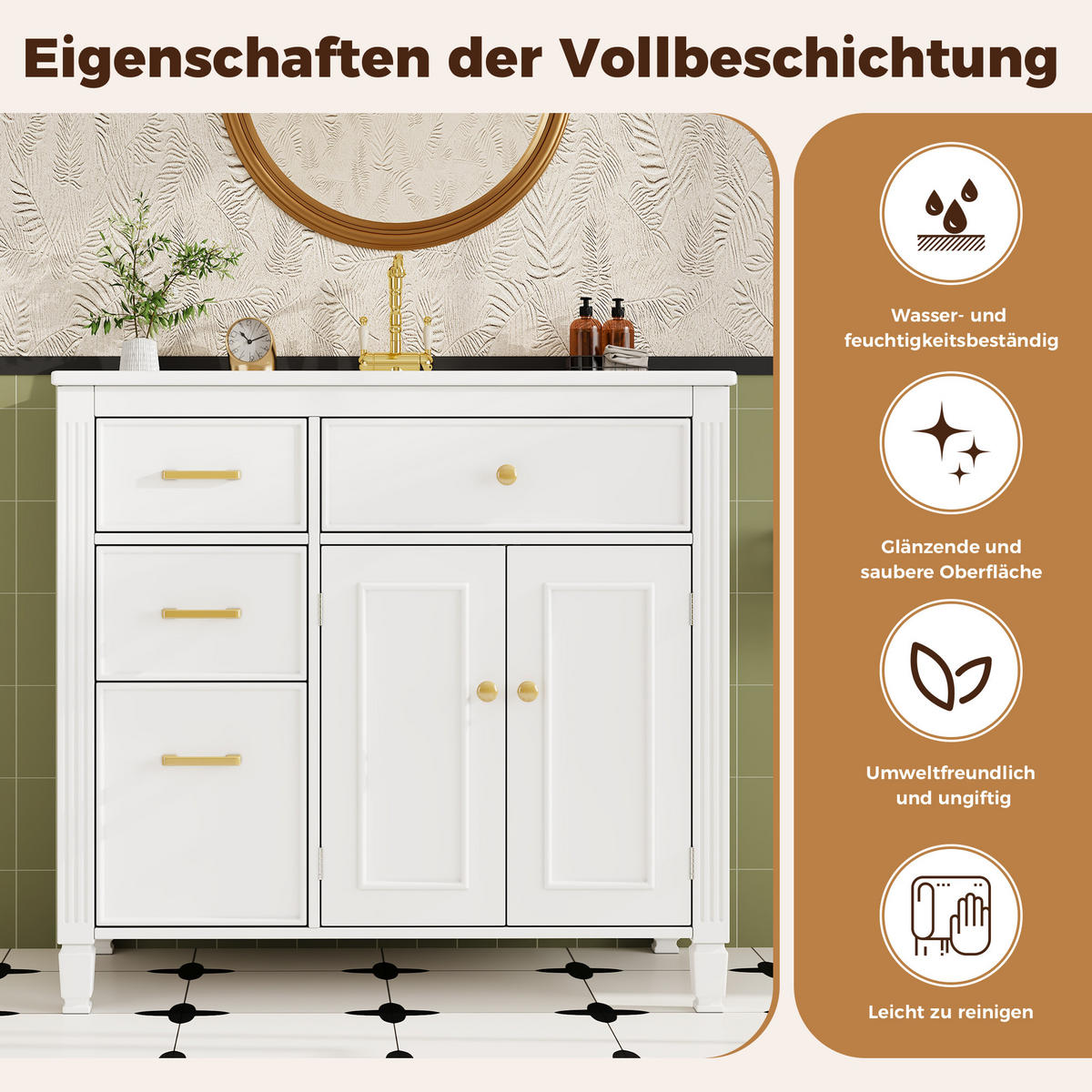 WASCHTISCHKOMBI 91.5/46.5/87 cm Weiß mit 2 Schubladen, ohne Wasserhahn - Goldfarben/Weiß, Holz/Holzwerkstoff (46.5/87/91cm) - Oxeza