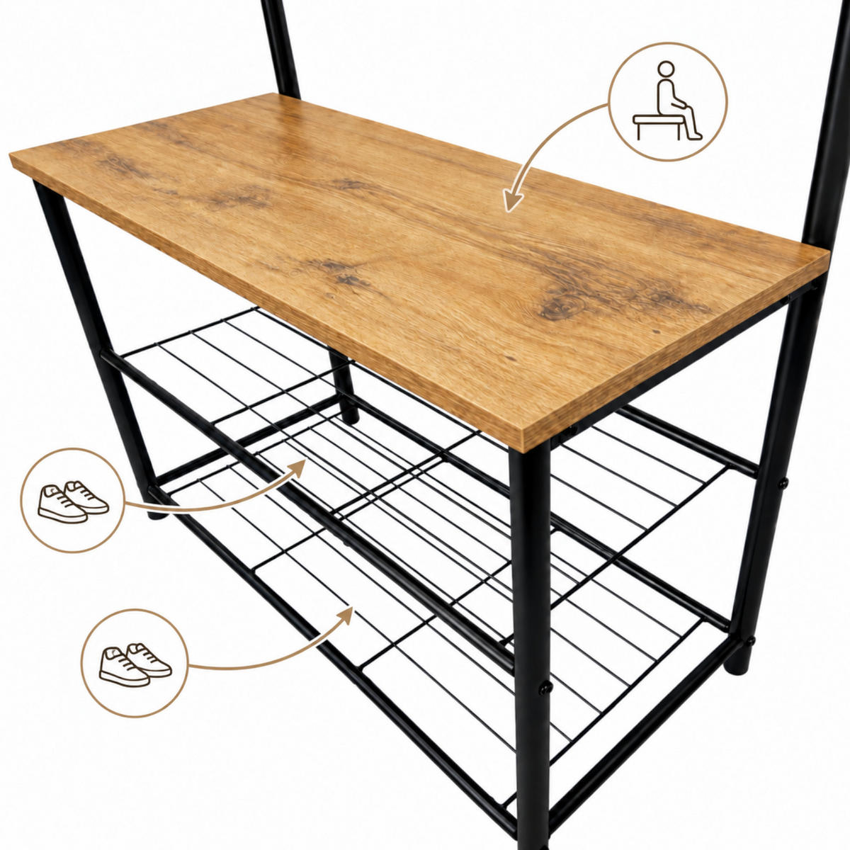 GARDEROBENSTÄNDER Eiche Schwarz 70x32x175 cm mit Sitzbank 8 Haken - Eichefarben/Schwarz, Holzwerkstoff/Metall (70/175/32cm) - Begryf