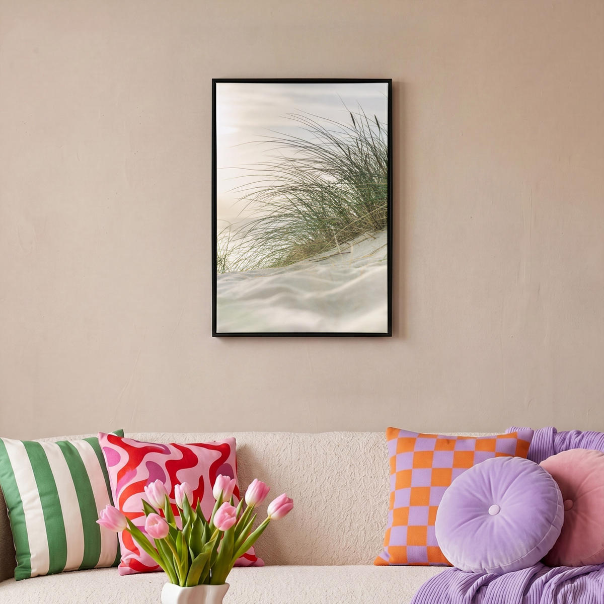 LEINWAND Bilder mit Rahmen - Dünen mit Strandhafer in der Sonne des Nationalparks Schleswig-Holsteinisches Wattenmeer - 40x60 - Creme, Textil (40/60cm) - MuchoWow
