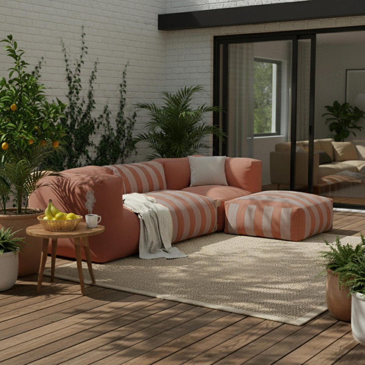 GARTENSOFA mit 4 Sitzplätzen, Terrakotta - Braun, Textil (85/65/255cm) - Oviala