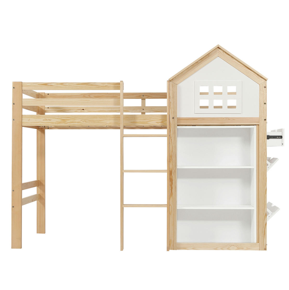 HOCHBETT aus Kiefer und MDF 90x200 cm Weiß/Natur mit Stauraum, Schubladen, Sicherheitsgeländer und stabilem Aufstieg - Weiß, Holzwerkstoff (90/200cm) - Modfu