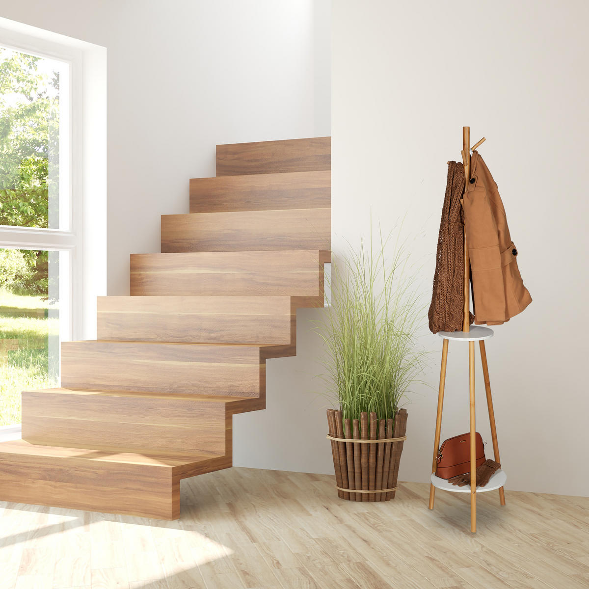 GARDEROBENSTÄNDER - Hellbraun, Holz/Holzwerkstoff (37/181/37cm) - Relaxdays