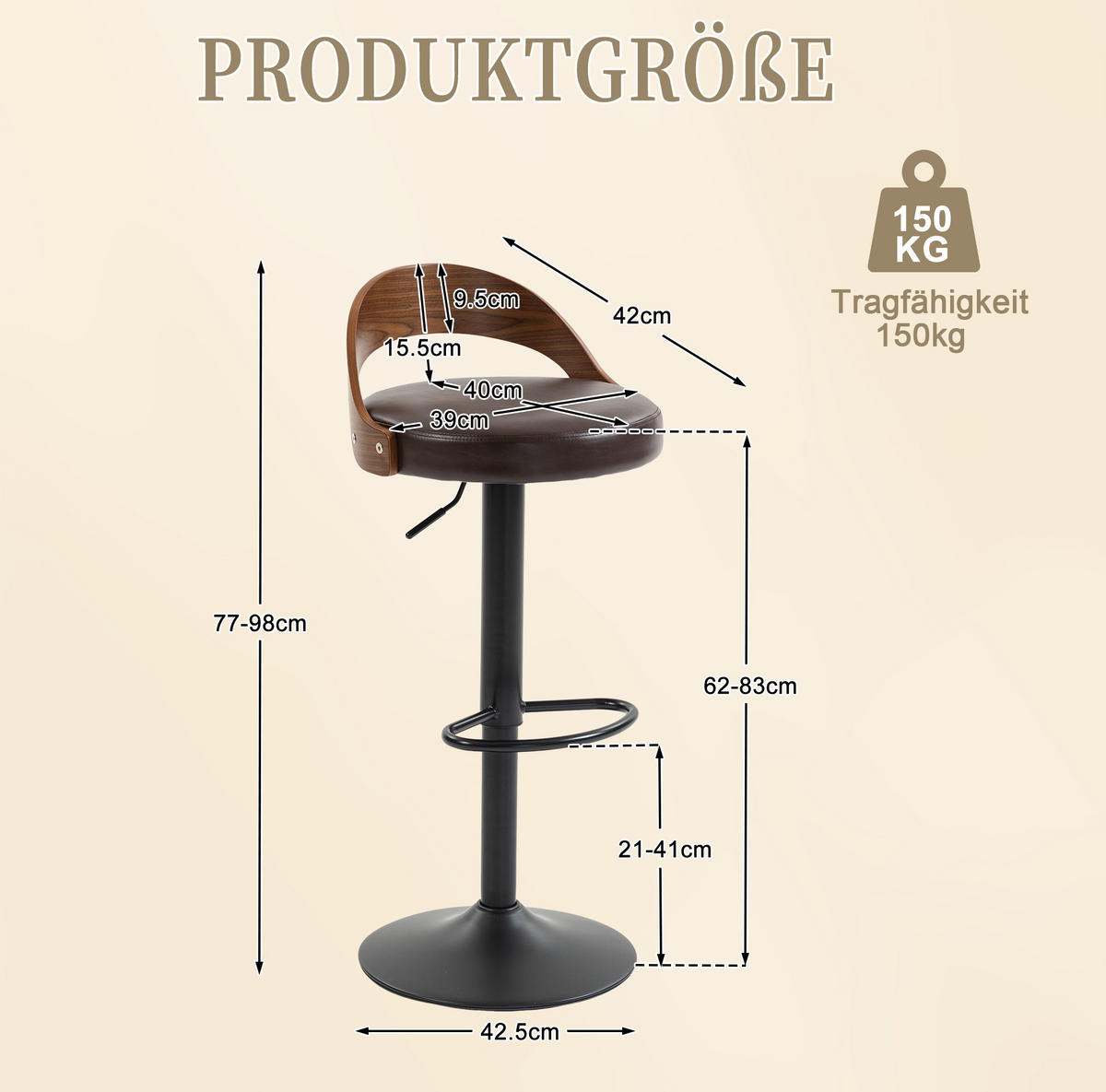 BARHOCKER 2er-Set drehbar höhenverstellbar mit Rückenlehne PU-Leder Braun - Braun, Metall (42/77/42.5cm) - Meubliv