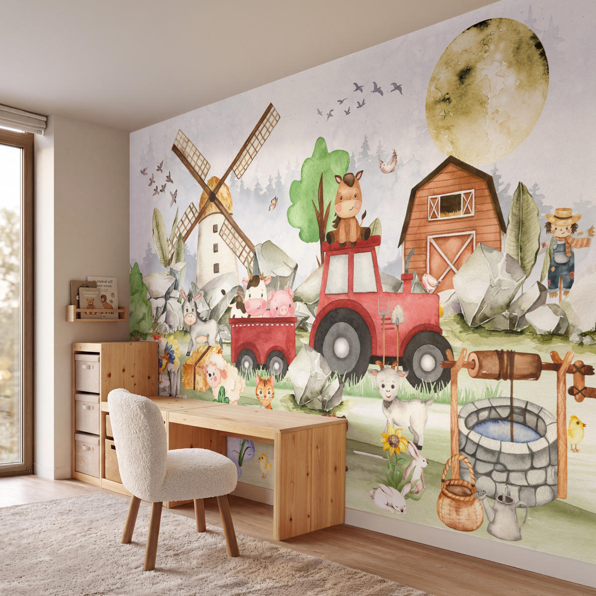 KINDERTAPETE - Bauernhof - Traktor - Kinder - Tiere - 350x240 cm - Weiß, Papier (350/240cm) - OnlyWow