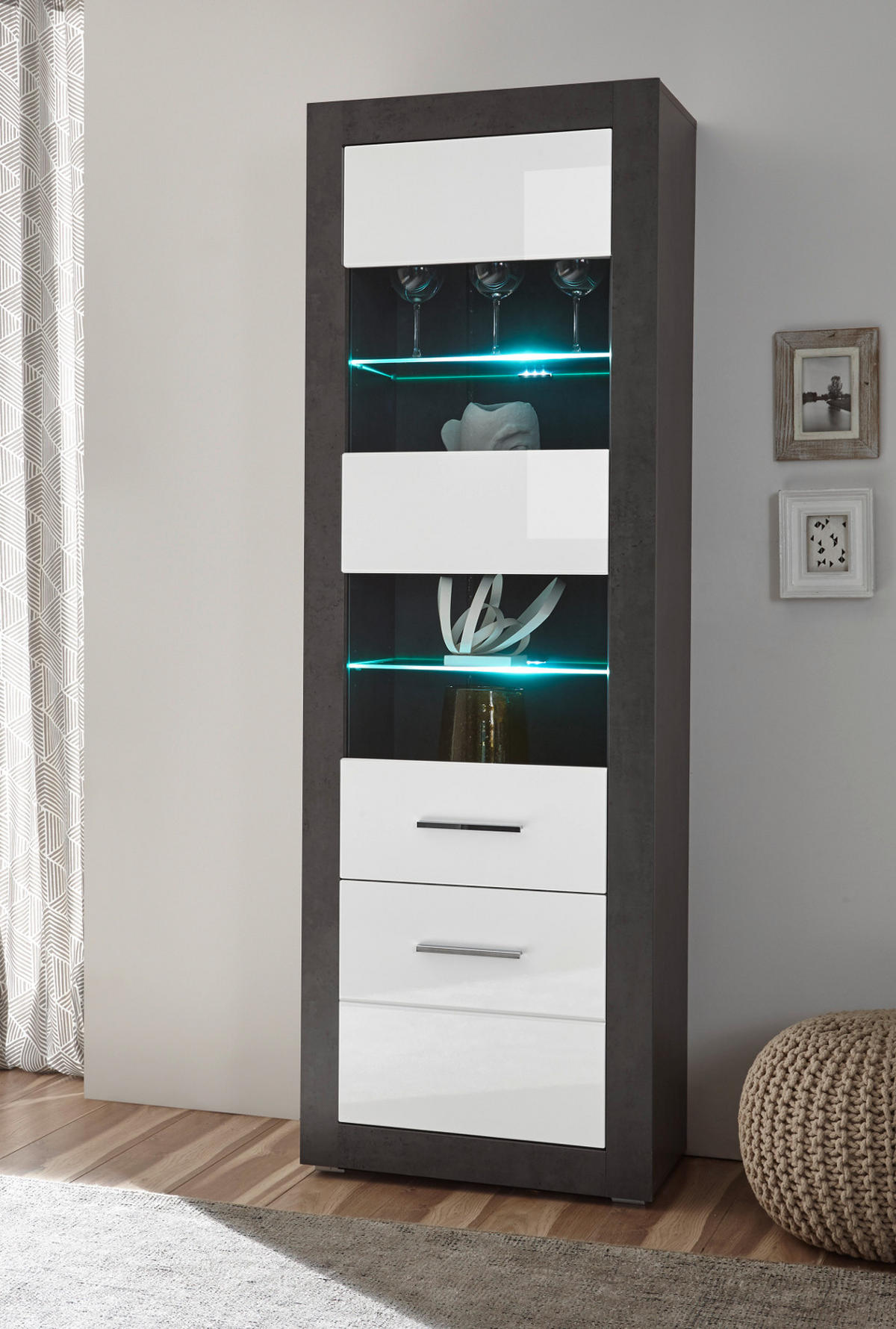 VITRINE weiß Hochglanz, grau Stone 65 cm, Vitrinenschrank Türanschlag wechselbar - Chromfarben/Weiß Hochglanz, Glas/Holzwerkstoff (65/198/35cm) - Furn.Design