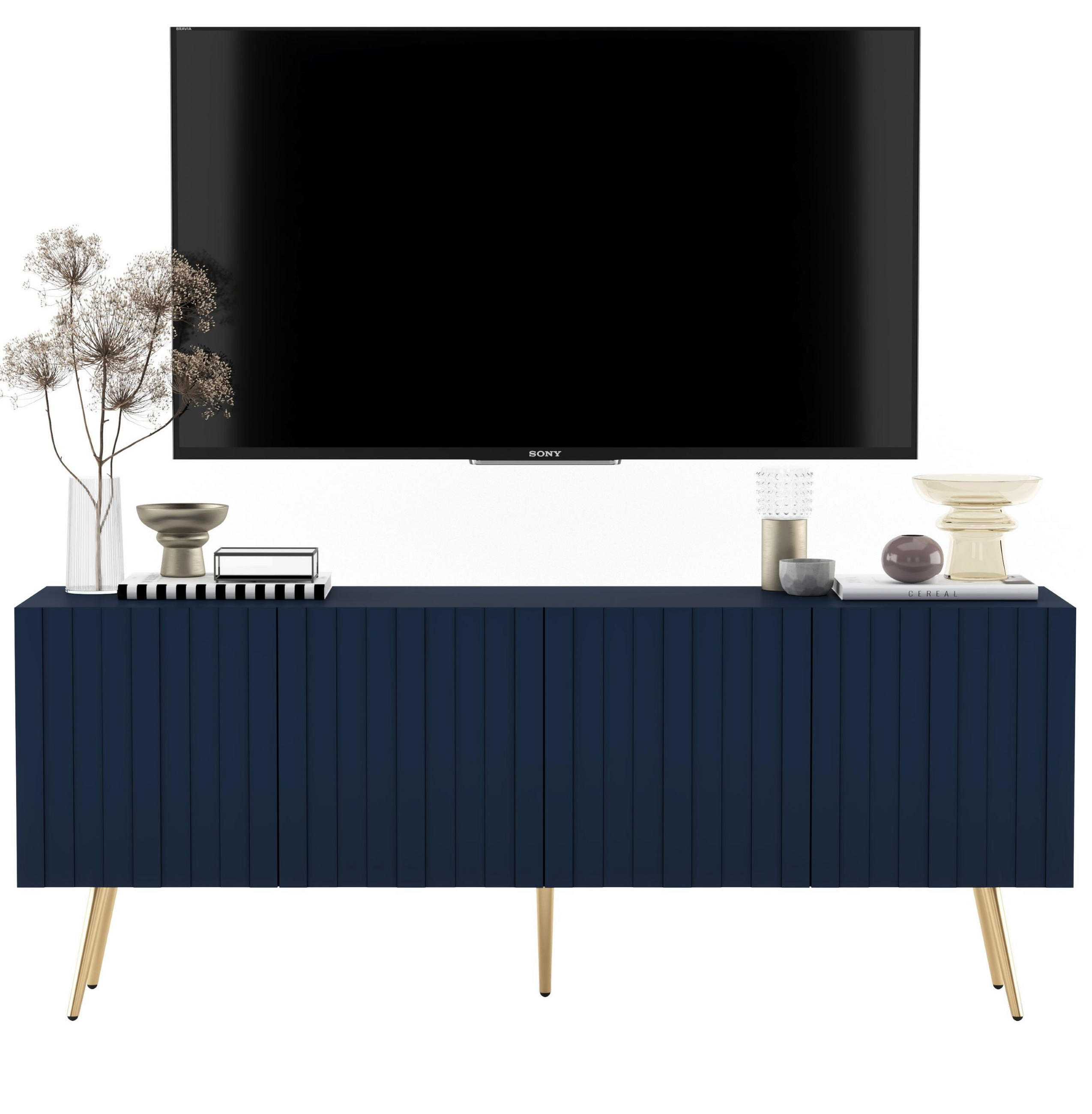 TV-SCHRANK Elpis Marineblau Matt mit goldenen Metallbeine Glamour 150 cm - Blau/Goldfarben, Holzwerkstoff/Metall (150/60.5/36.5cm) - Meble Lindner