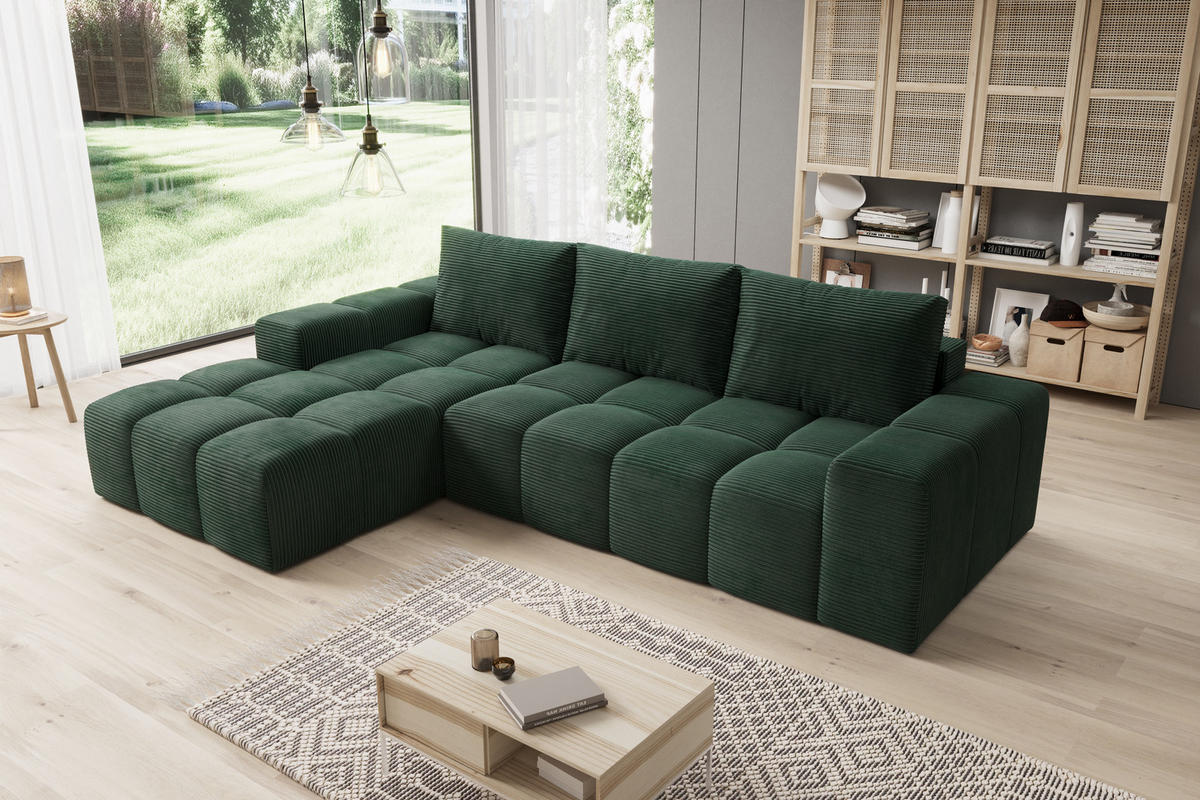 ECKSOFA Cento, L-Form, Ottomane Links, Cordstoff, 285x56x180 cm, Grün - Grün, Holz (180/285cm) - PROMETO Möbel
