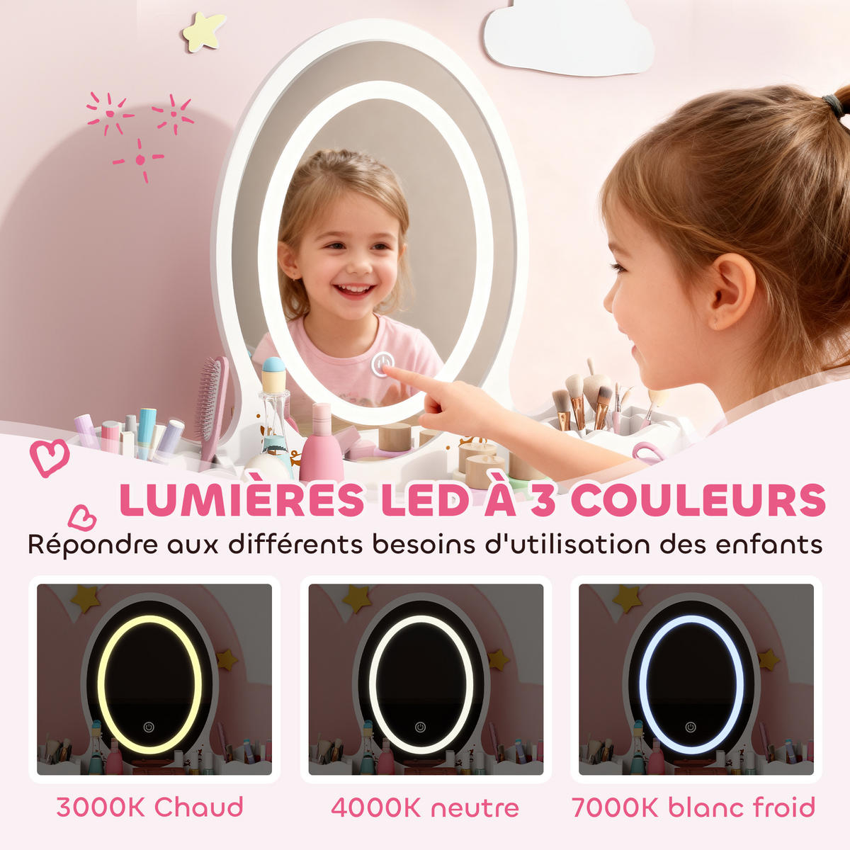KINDERSCHMINKTISCH DE-18638 2-in-1 mit 3-farbigem LED-Spiegel Weiß - Weiß, Holzwerkstoff (30/99.3/60cm) - ComfortXL