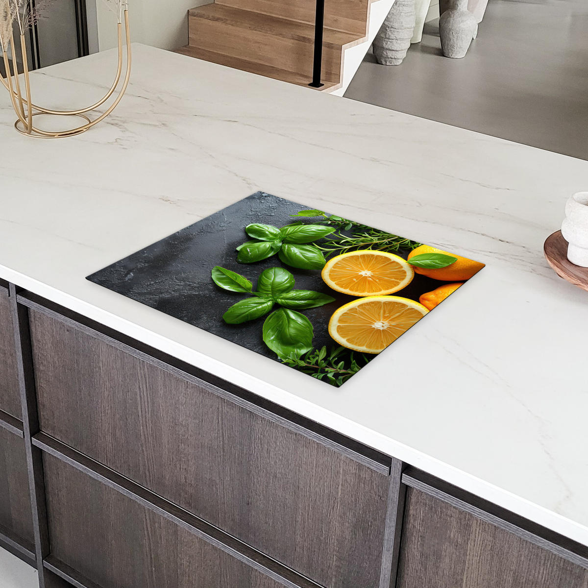 HERDABDECKPLATTE Obst - Grau - Konkret - Orange - Pflanzen Herdabdeckung Induktionsfeld 65x52 cm - Anthrazit, Kunststoff (65/52/0.2cm) - MuchoWow