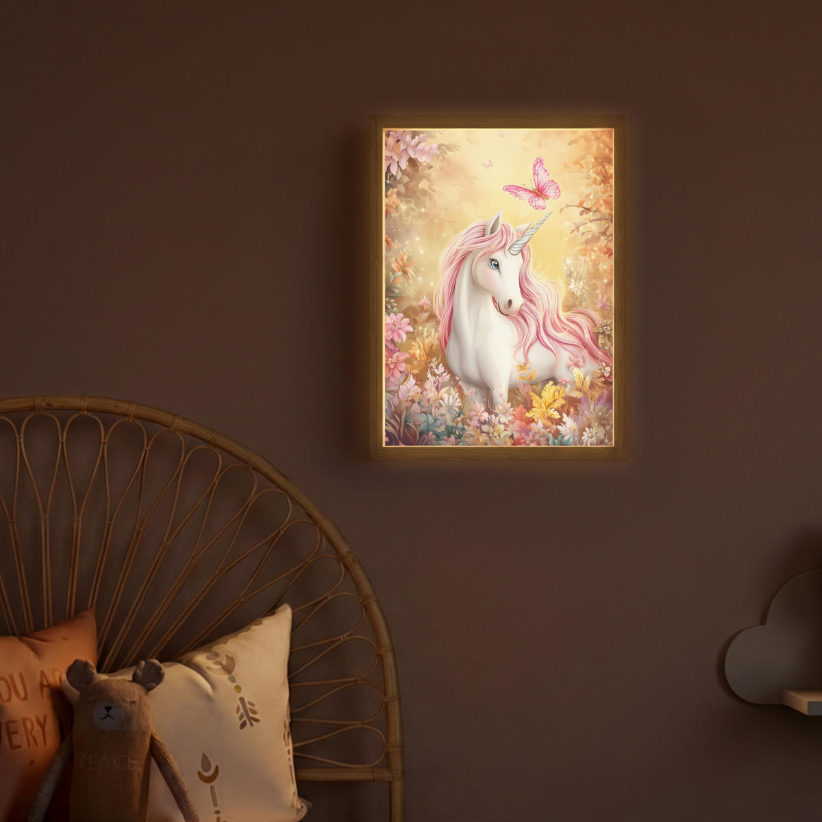 DOBÍJECÍ NOČNÍ LAMPIČKA Jednorožec - Květiny - Motýl - Růžová 30x40 cm - béžová, kompozitní dřevo (8/30/40cm) - OnlyWow