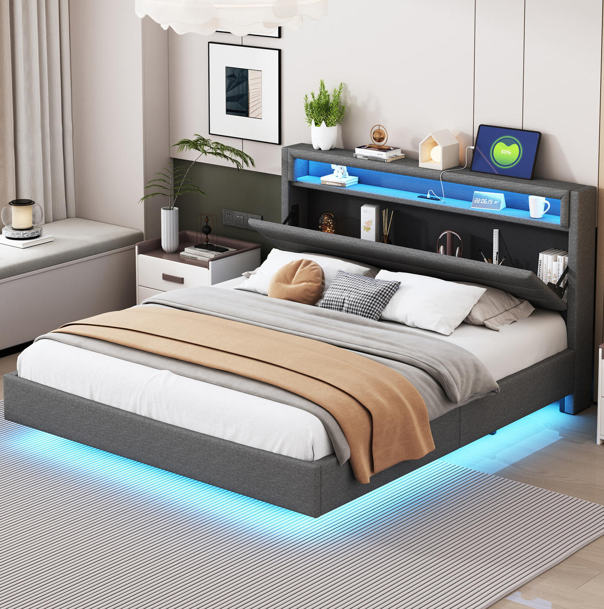 POLSTERBETT mit USB und LED 160x200 cm Leinen Grau - Grau, Metall (160/200cm) - Meubliv