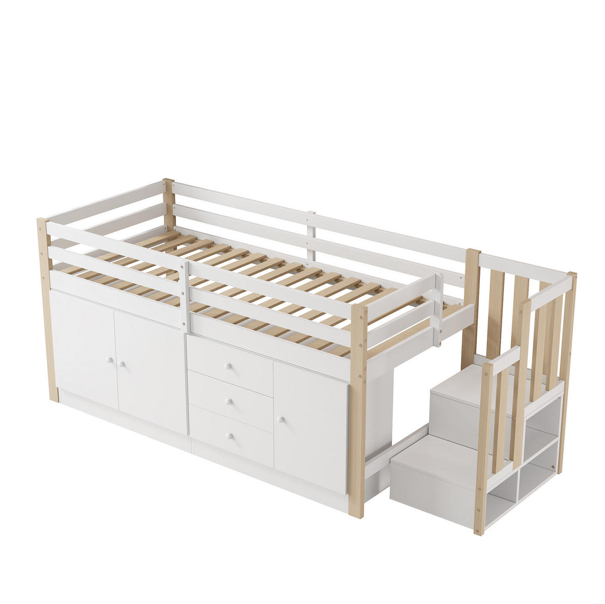 HOCHBETT aus MDF und Massivholz 90x200 cm Weiß mit Stauraumtreppe, Schubladen und Schränken - Weiß, Holzwerkstoff (90/200cm) - IVMEU