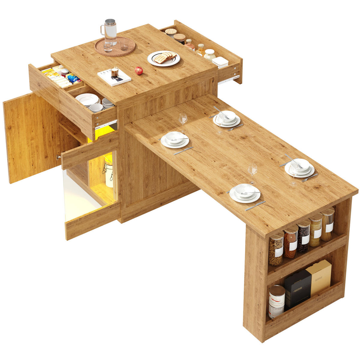 KÜCHENINSEL 122-195/70/93,5 cm mit ausziehbarem Tisch, LED-Beleuchtung und viel Stauraum, Holzfarben - Braun, Holzwerkstoff (122/93.5/70cm) - Redom
