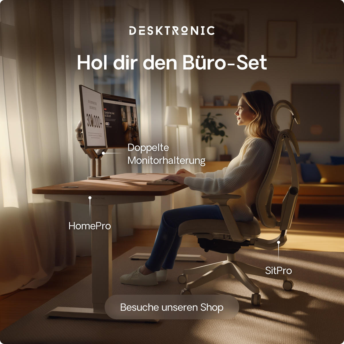 SCHREIBTISCH Elektrisch Höhenverstellbarer HomePro 120x60cm Weiß/Walnuss mit Memory-Funktion, Anti-Kollisions Technologie - Walnussfarben/Weiß, Holzwerkstoff (60/120/62cm) - Desktronic