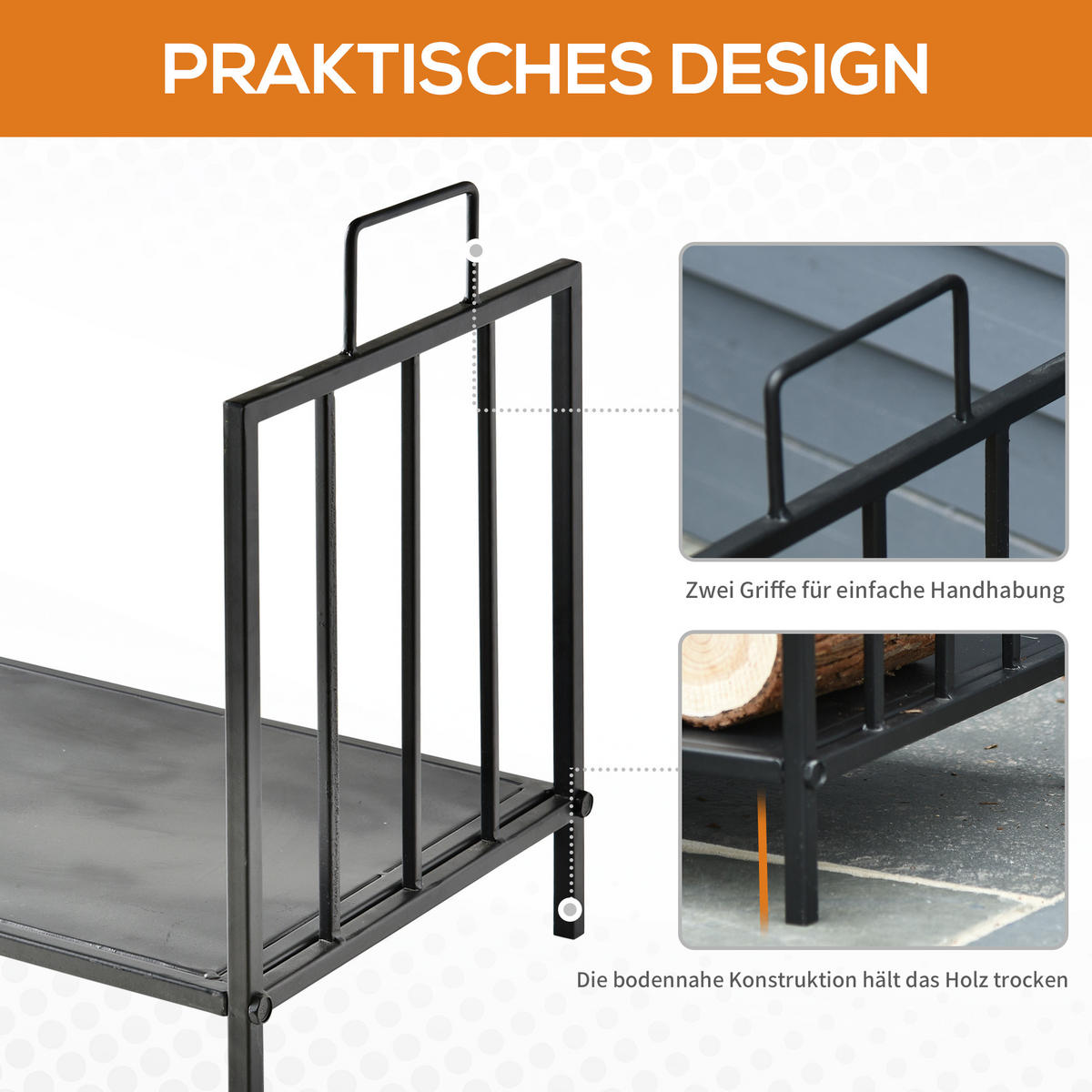 KAMINHOLZREGAL für innen 44,5 x 33 x 46,5cm Brennholzregal mit Griffe Metall - Schwarz, Metall (33/46.5/44.5cm) - Outsunny