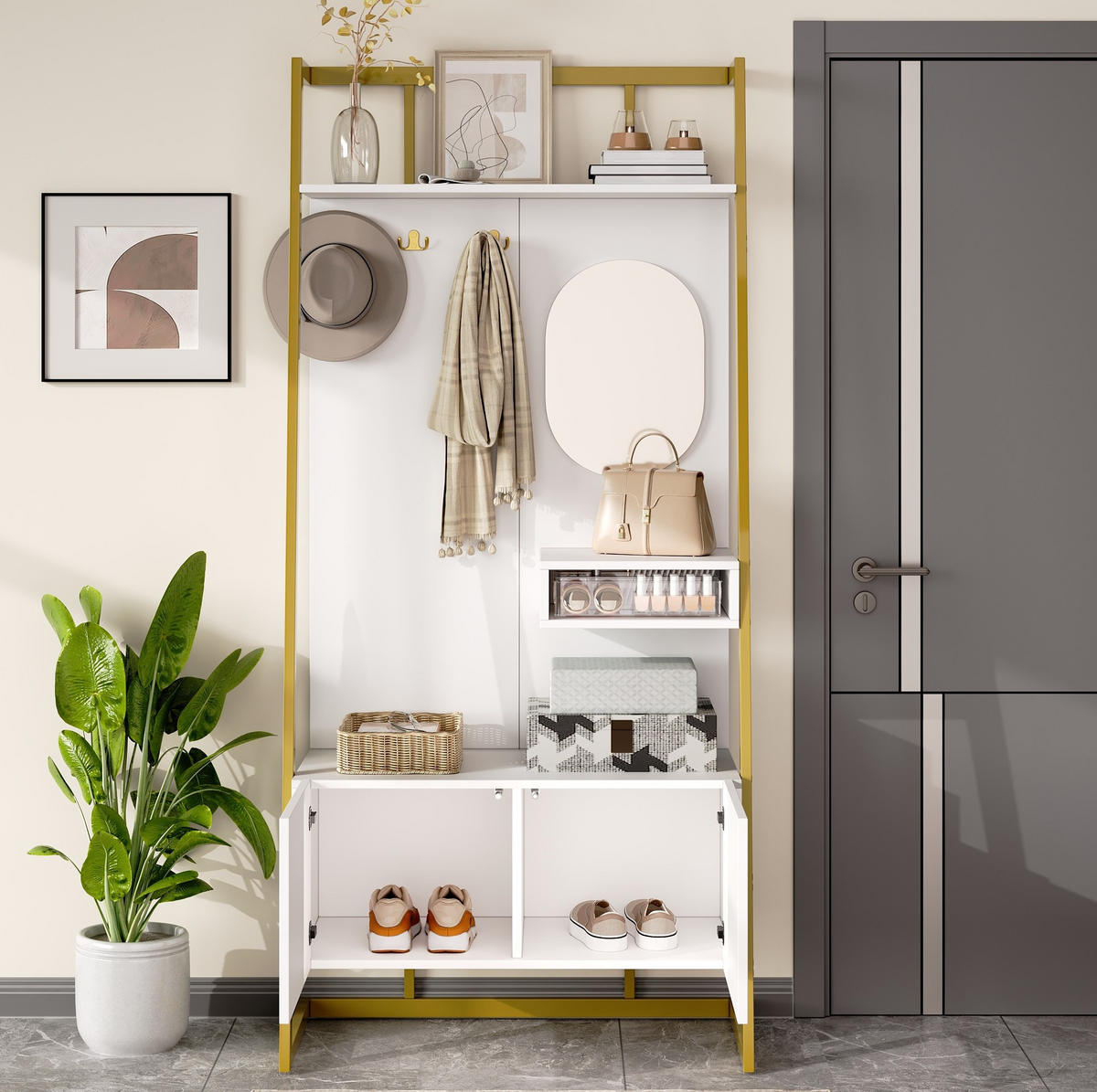 GARDEROBE mit Spiegel und Schuhbank 78 x 38,5 x 180,5 cm Weiß - Weiß, Holzwerkstoff (38.5/180.5/78cm) - Beauniv