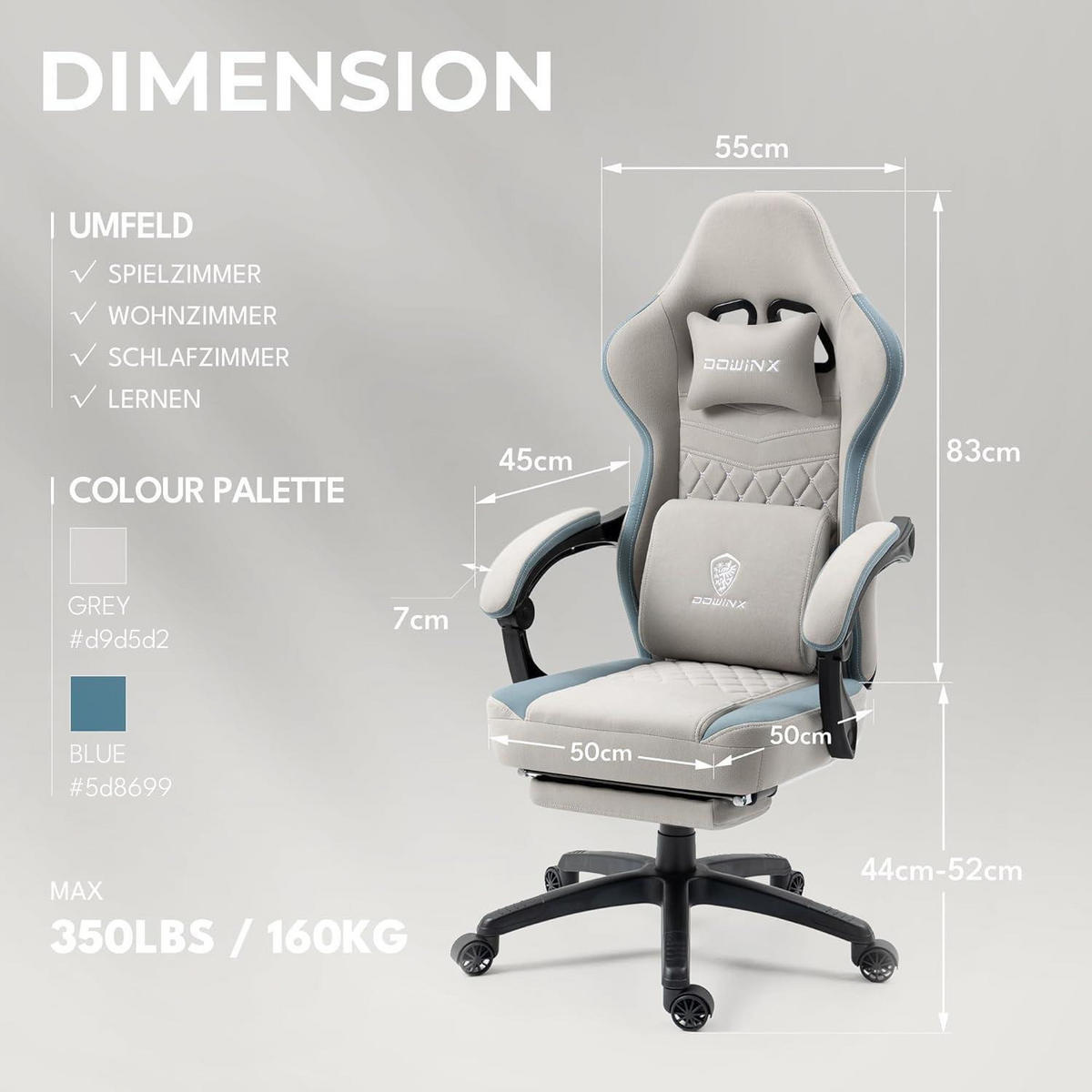 GAMING Stuhl Stoff Grau mit Fußstütze und Massagefunktion - Grau, Textil (50/133/50cm)