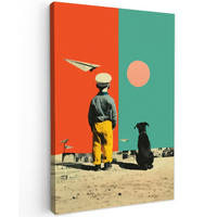 LEINWANDBILD Retro - Junge - Hund - Rot - Grün Deko Groß 90x140 cm - Orange, Textil (90/140cm) - MuchoWow