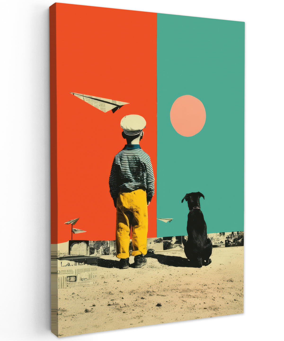 LEINWANDBILD Retro - Junge - Hund - Rot - Grün Deko Groß 90x140 cm - Orange, Textil (90/140cm) - MuchoWow