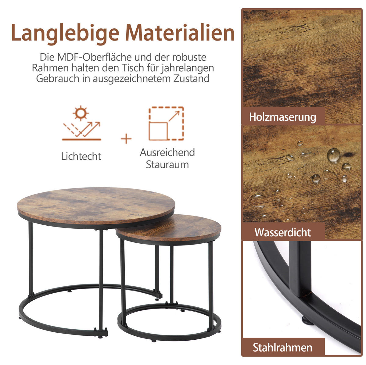 COUCHTISCH 2er-Set 70,5/50 cm & 44/45,5 cm in Braun, nestbar mit MDF-Platte - Braun, Holzwerkstoff (70.5/70.5/50cm) - Flora Grace