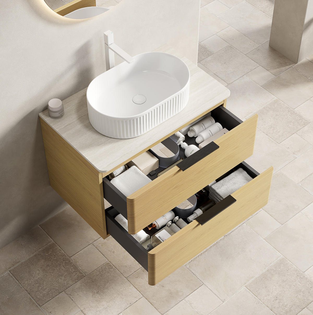 WASCHTISCHUNTERSCHRANK 75x46x62.2cm Beige/Eiche/Weiß mit ovalem Keramikbecken & Travertin-Arbeitsplatte - Eichefarben, Keramik (75/62.2/46cm) - Modfu