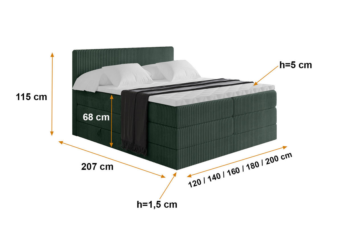 BOXSPRINGBETT mit Matratze H3|H4 und Lattenrost - TOLO KING 140x200 Cord - Dunkelgrün - Dunkelgrün, Holzwerkstoff (140/200cm) - ALTDECOR