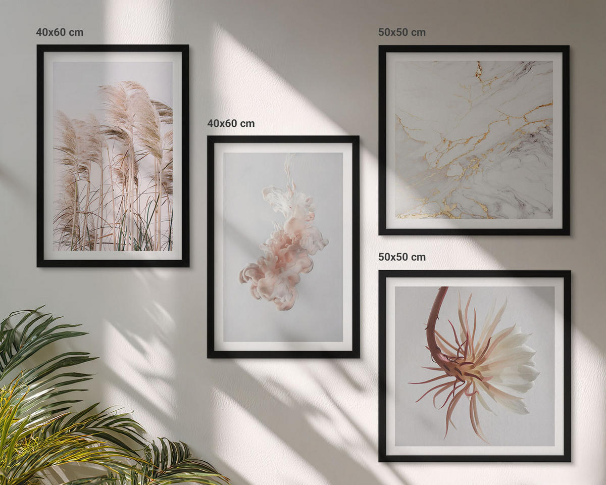 BILDER SET 4er Set - 50x50 cm & 40x60 cm Schwarzer Rahmen - Elegante Gräser, Blumen, Marmor - Schwarz, Kunststoff (50/50cm) - TULUP