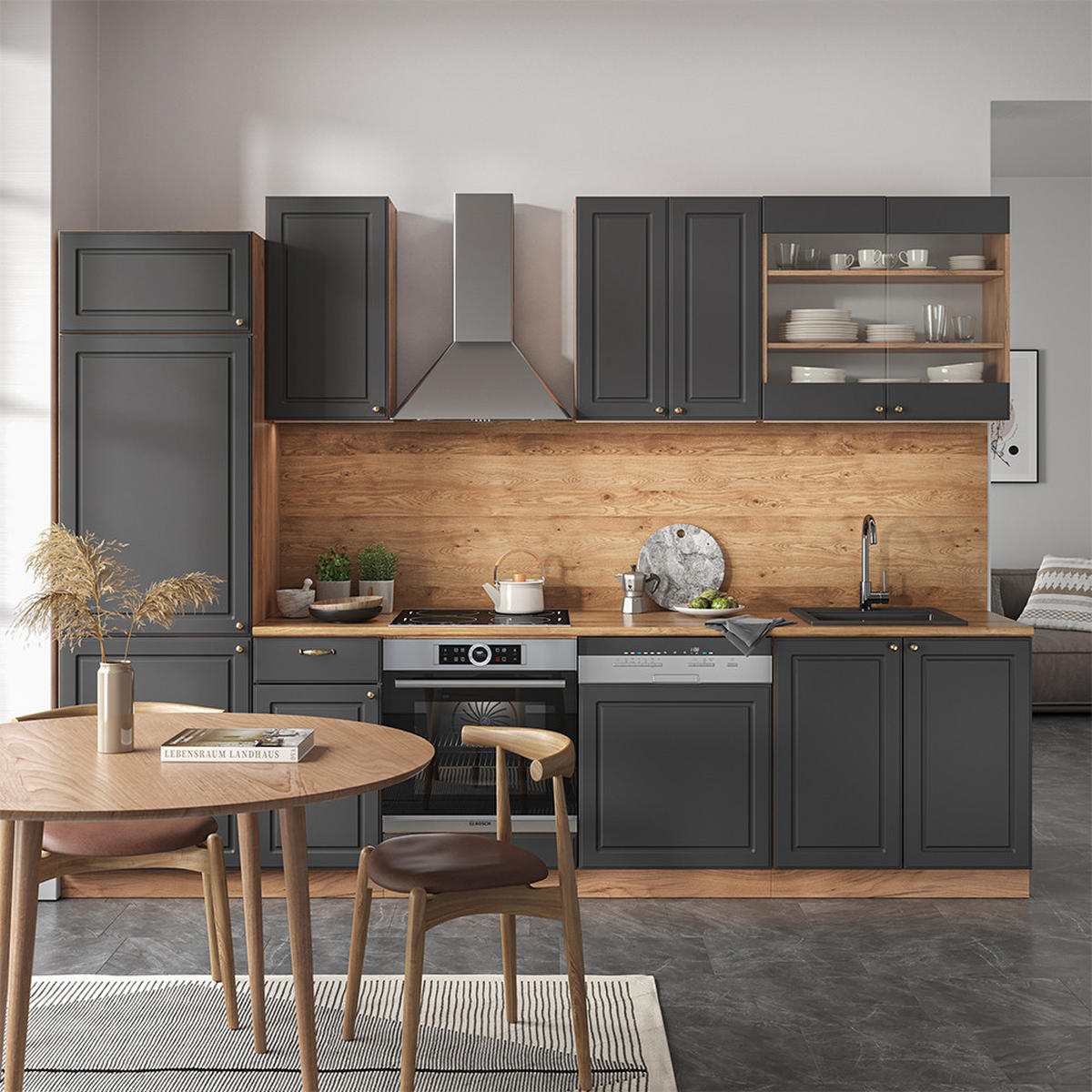 KÜCHENZEILE Fame-Line Anthrazit Landhaus/Goldkraft Eiche 300 cm ohne AP - Honigeiche/Dunkelgrau, Holzwerkstoff (300/81.6/46cm) - Vicco