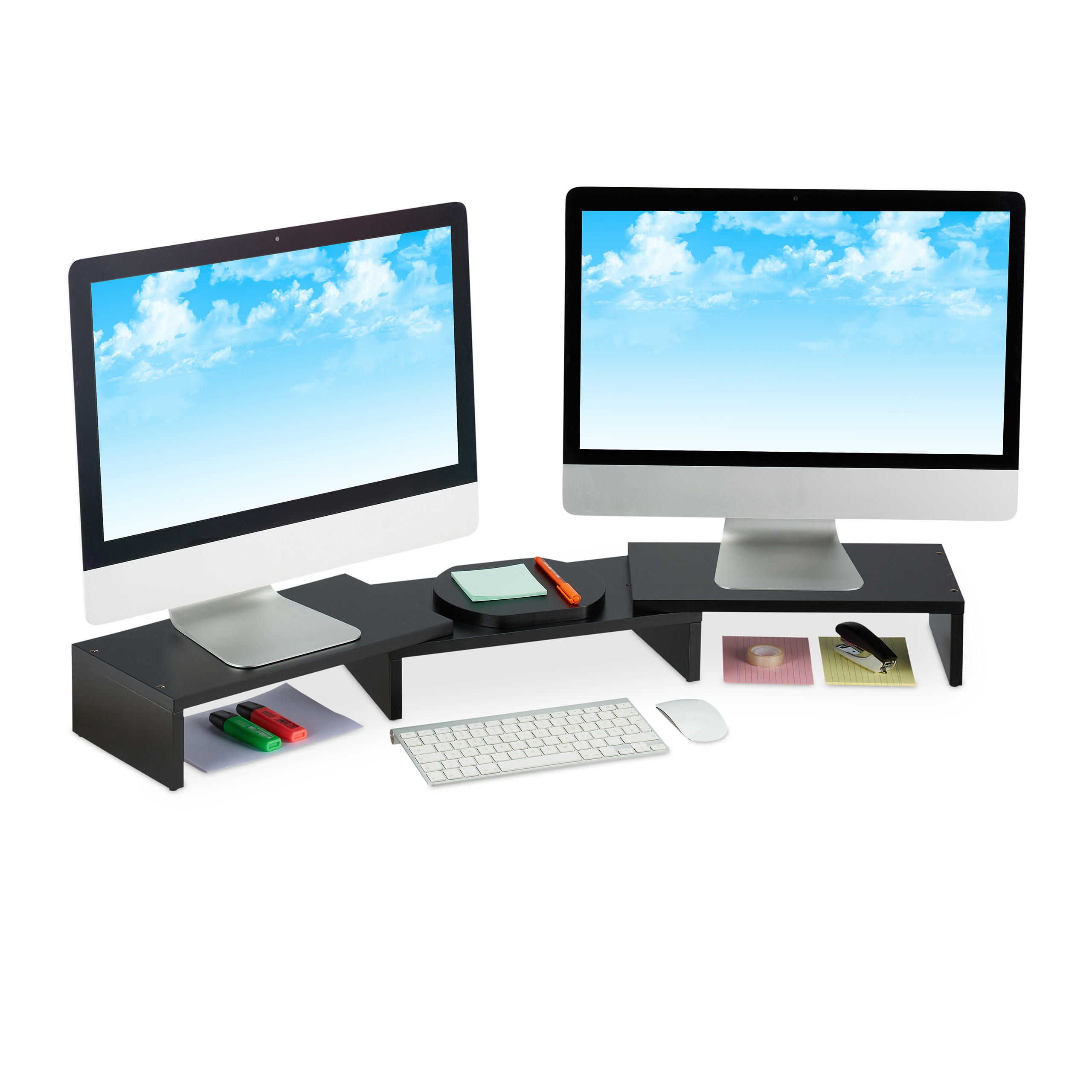 MONITORSTÄNDER Schwarz für 2 Monitore verstellbar MDF 104 cm - Schwarz, Holzwerkstoff (20.5/104/11cm) - Relaxdays