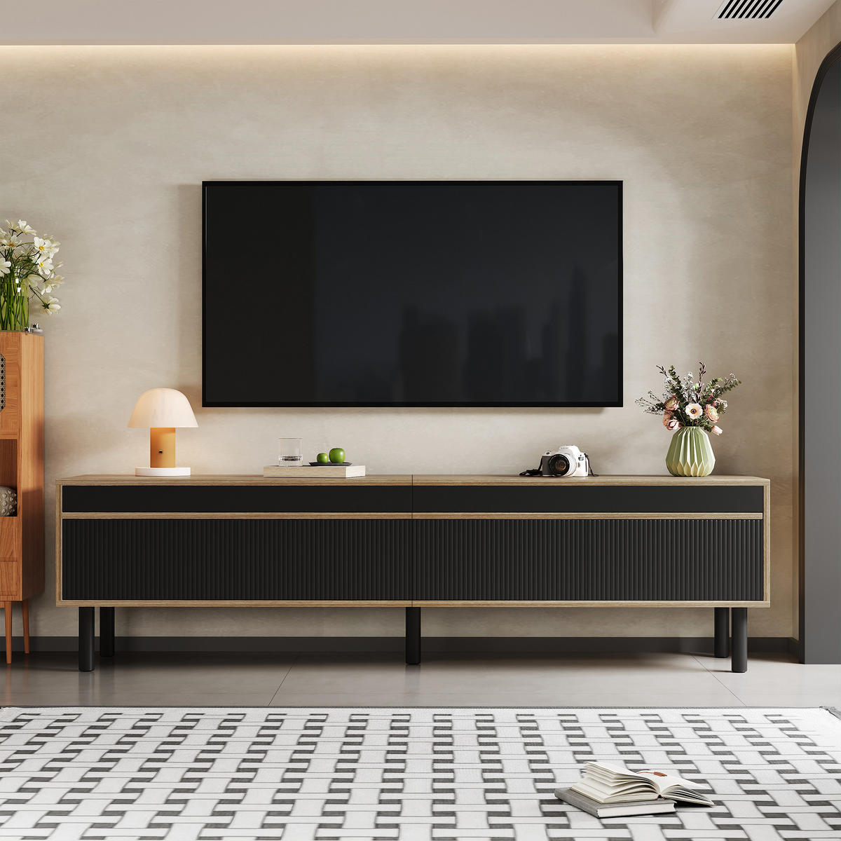 TV-SCHRANK 170/38/47 cm Schwarz/Naturholz mit 4 Türen Push-to-Open - Schwarz, Holz/Holzwerkstoff (170/47/38cm) - Oxeza