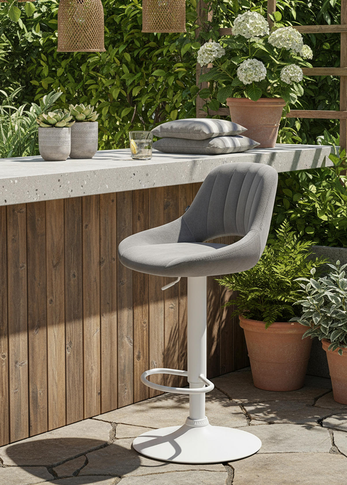 BARHOCKER Milos Samt weiß dunkelgrau - Weiß/Grau, Textil/Metall (47/106/48cm) - TPFLiving