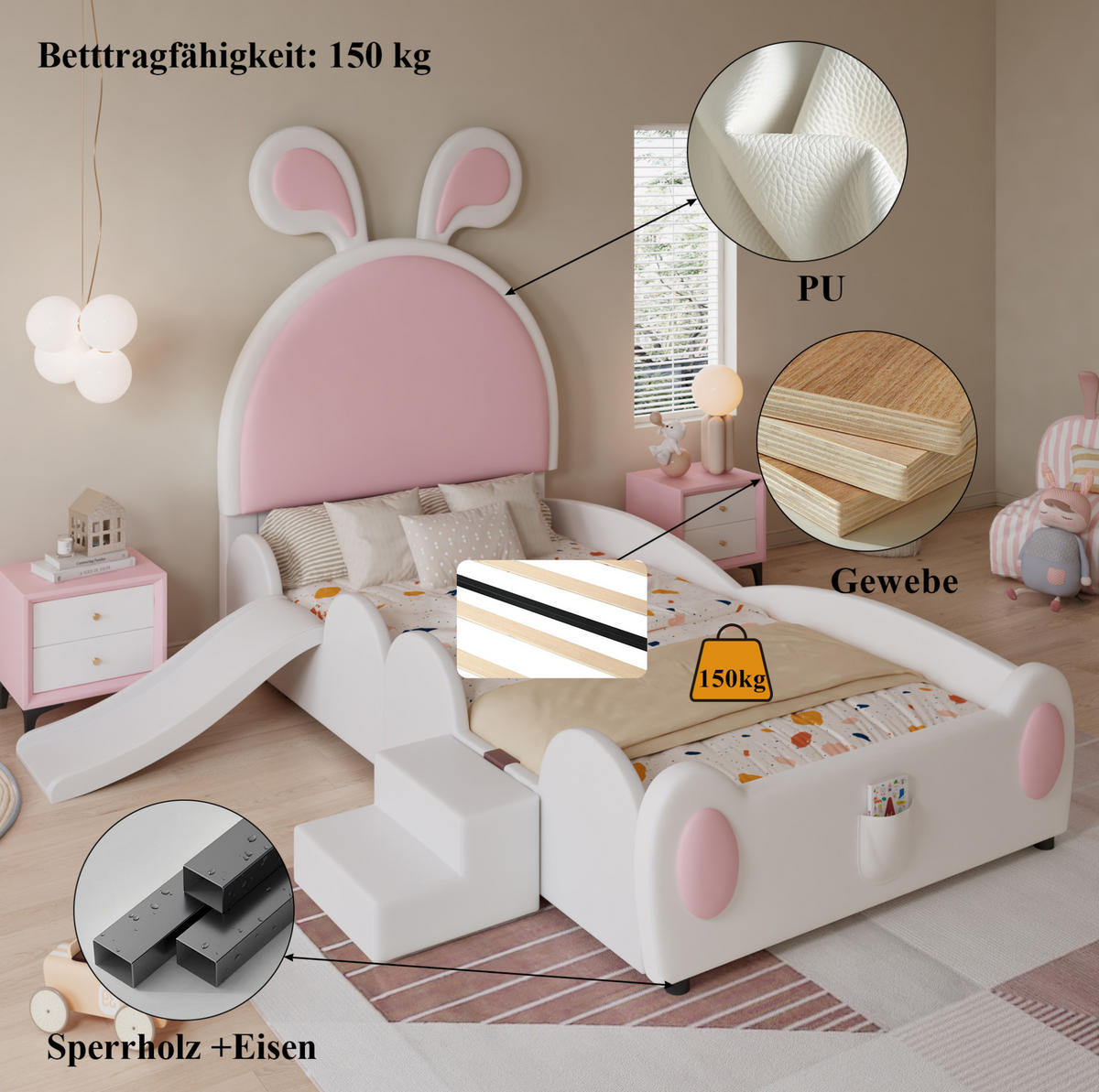 POLSTERBETT mit Hasenohren, Rutsche und Treppe, Weiß/Rosa, 90/200 cm, ohne Matratze - Rosa, Kunststoff (90/200cm) - MIVRAY
