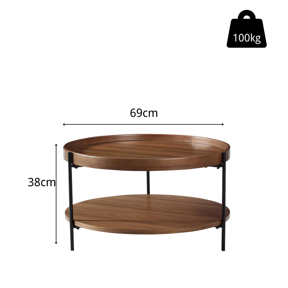 BEISTELLTISCH 44/44/48 cm walnuss aus Massivholz und MDF mit 2 Ebenen - Walnussfarben, Holzwerkstoff (44/44/48cm) - OKWISH