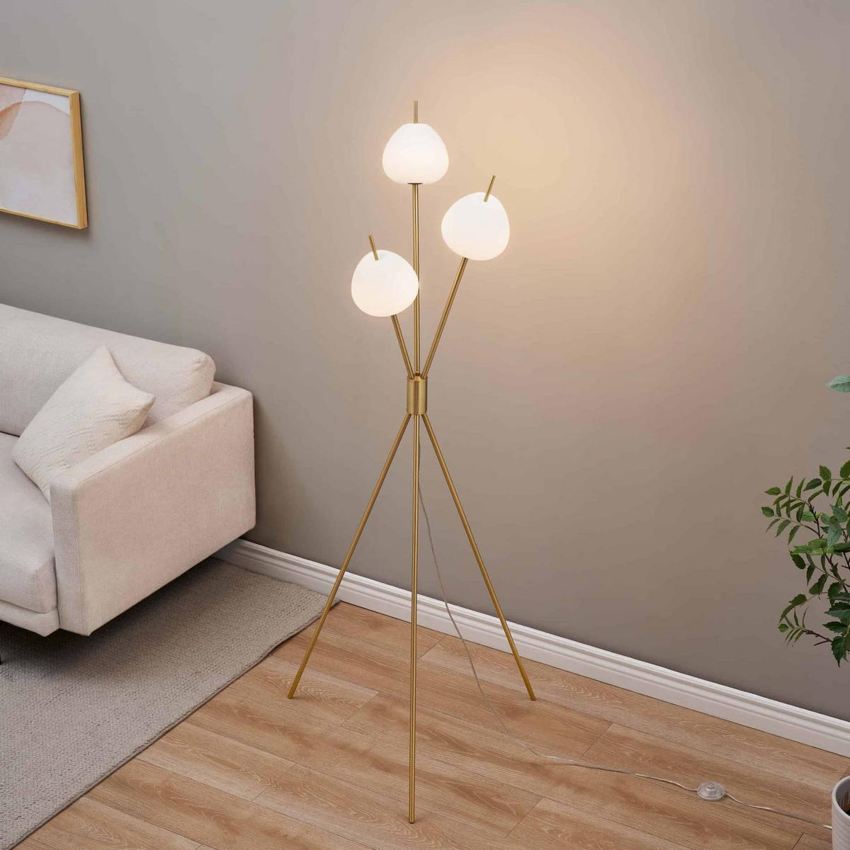 STEHLEUCHTE Olanta, Messing und Weiß, 157cm - Messingfarben, Glas (157/66/157cm) - KOSILUM