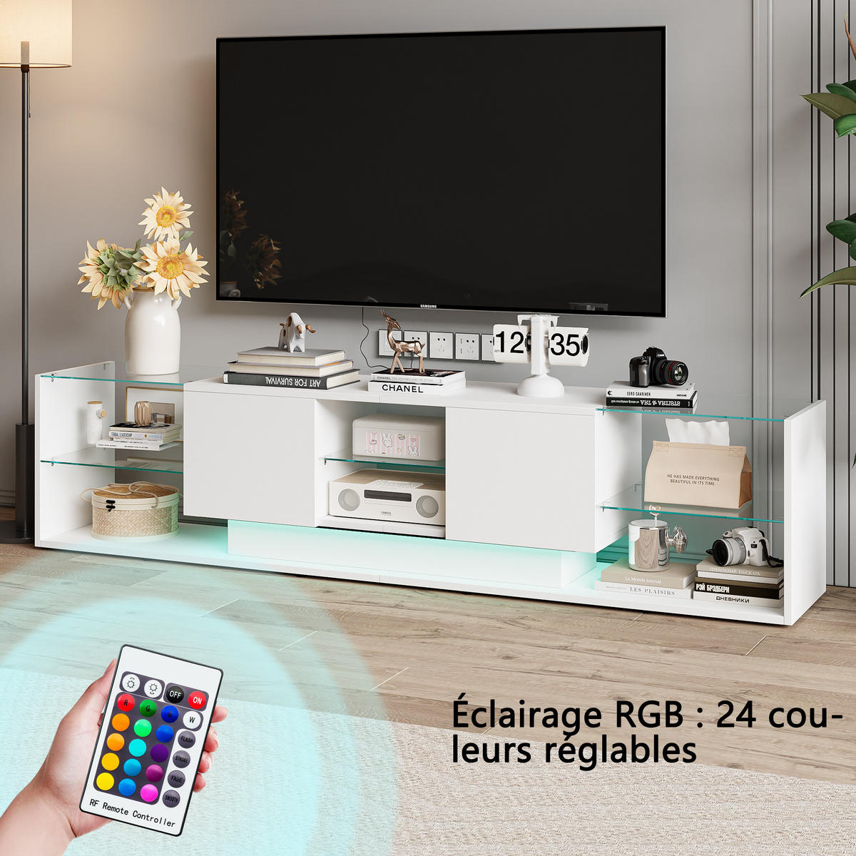 LED TV-TISCH 200CM WEIß MIT STAURAUM WOHNZIMMER - Weiß, Holzwerkstoff (35/45/200cm) - SHOPENTRA
