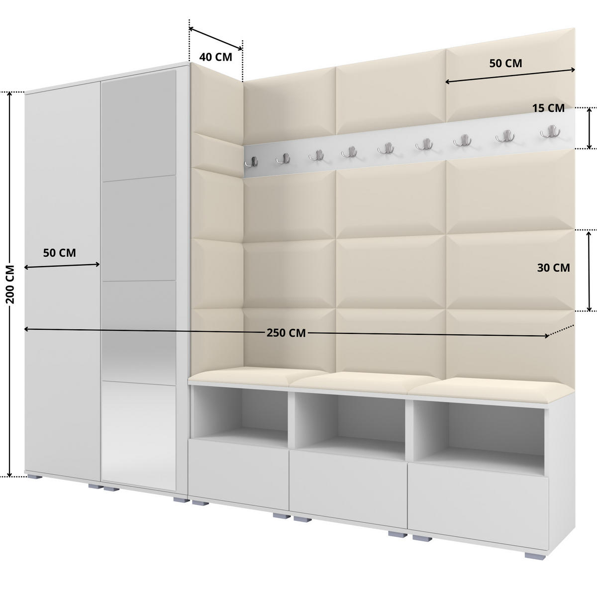 GARDEROBE NELA VII 250 cm (Modulare Flurmöbel XL Weiß mit Spiegel & Sitzpolster Creme 01 Universell) - Silberfarben/Creme, Holz/Holzwerkstoff (250/187/40cm) - Ravio