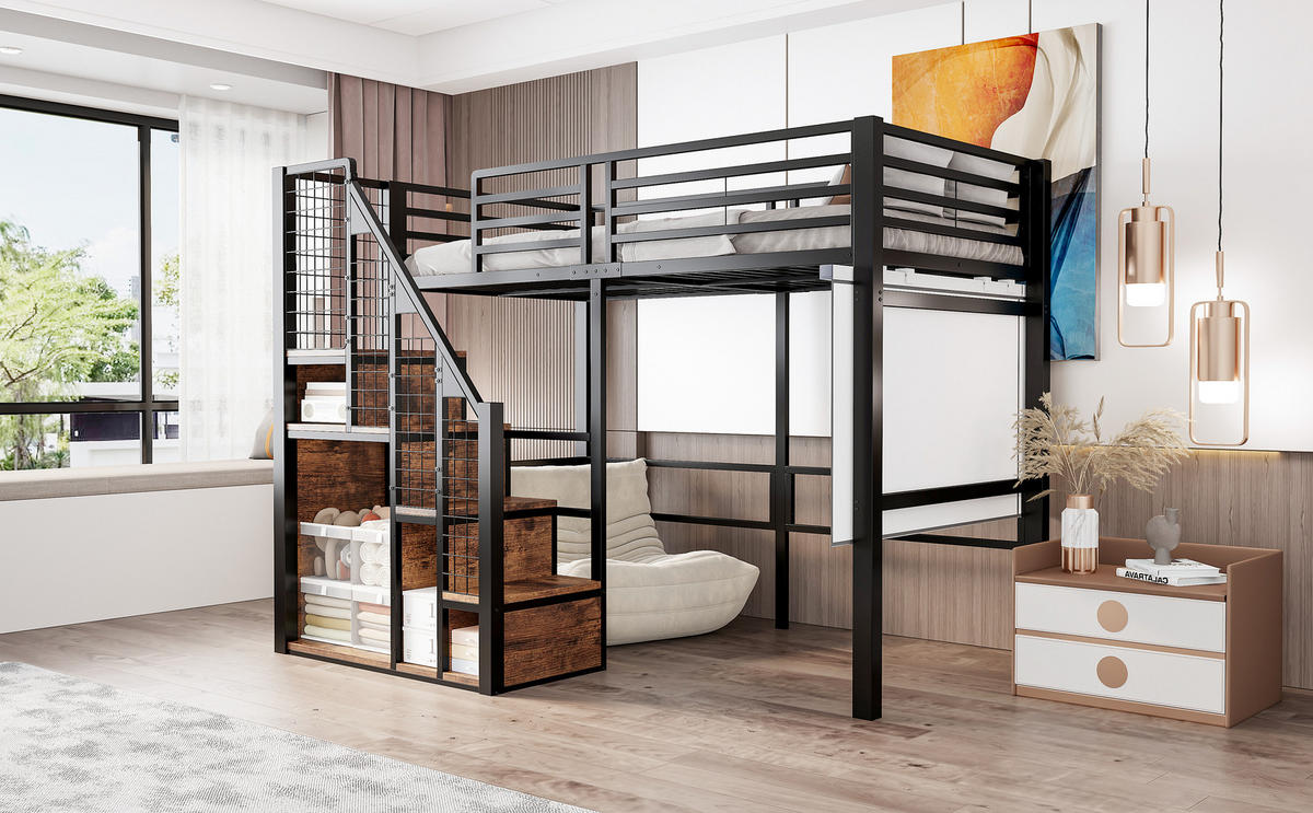 HOCHBETT 90x200 cm Metall Leiter Ablage schwarz - Schwarz, Metall (90/200cm) - LEBENLANG