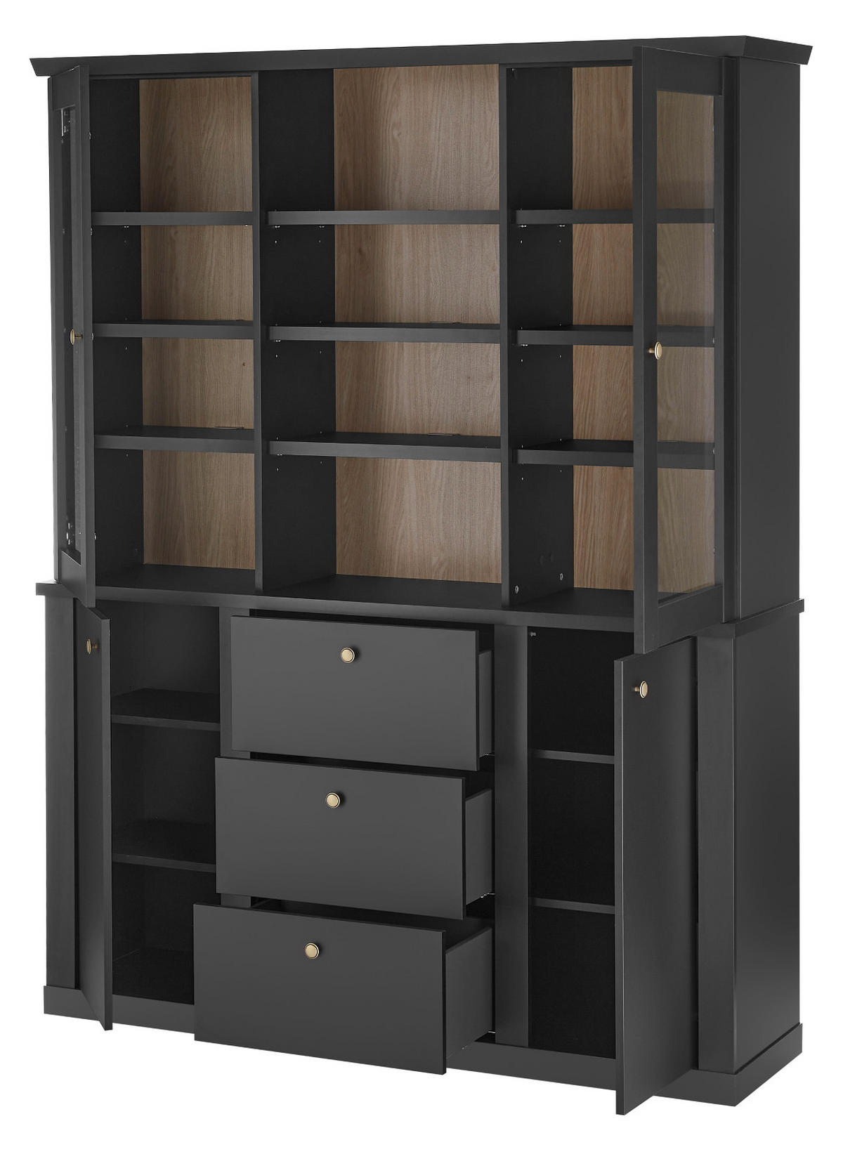 BUFFET schwarz matt, Eiche 158 cm, Buffetschrank Landhaus mit Soft-Close - Eichefarben/Messingfarben, Glas/Holzwerkstoff (158/201/42cm) - Furn.Design