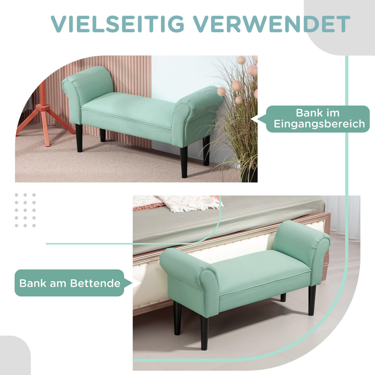 BETTBANK, Polsterbank, Sitzbank, Flurbank für Schlafzimmer, bis 130 kg Grün - Grün, Kunststoff (36/51/102cm) - HOMCOM