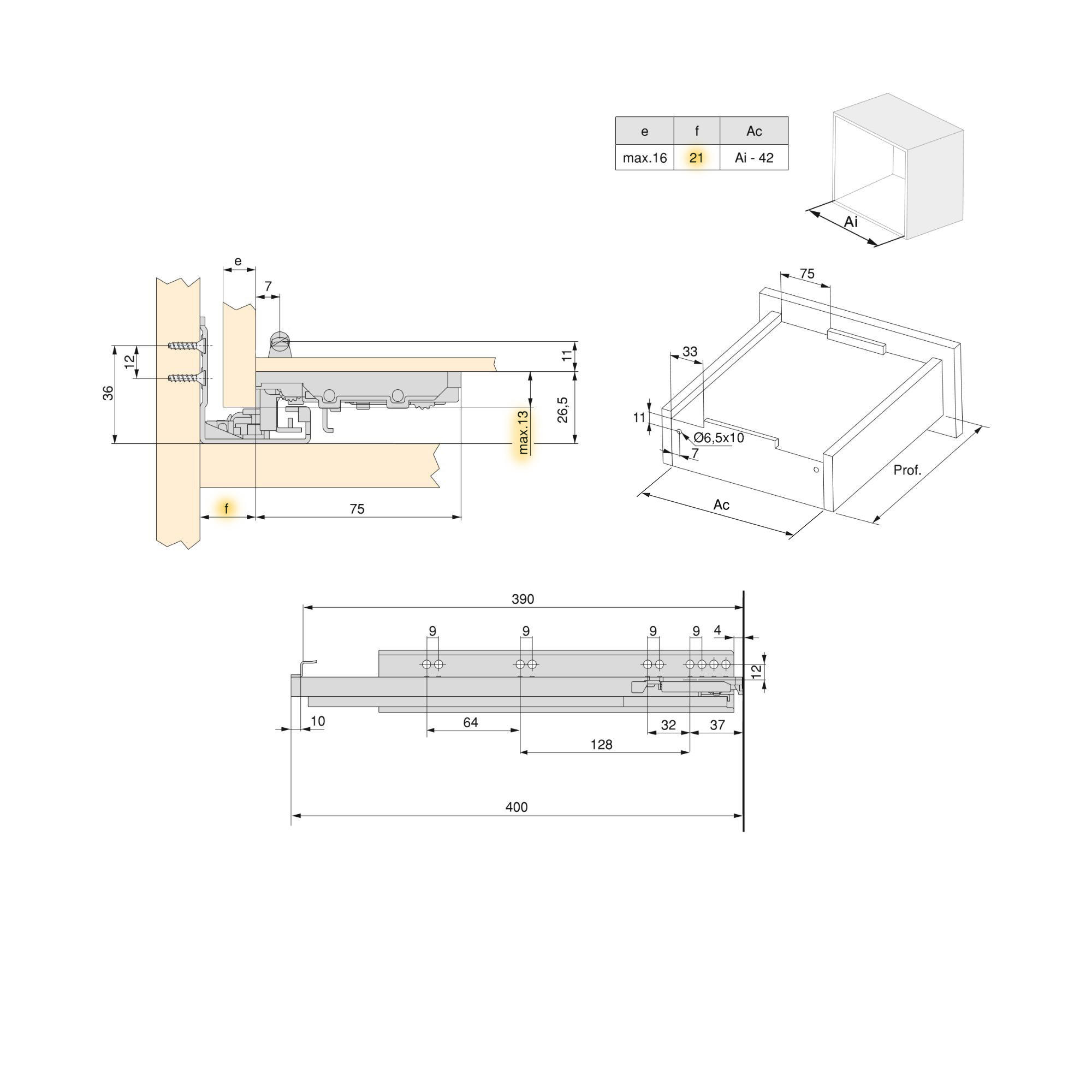 UNTERFLURFÜHRUNGEN Silver, Vollauszug, mit Schließautomatik und Halterung, Tiefe 390mm, Stahl, Verzinkt - Zinkfarben, Metall (2.65/4/39cm) - EMUCA