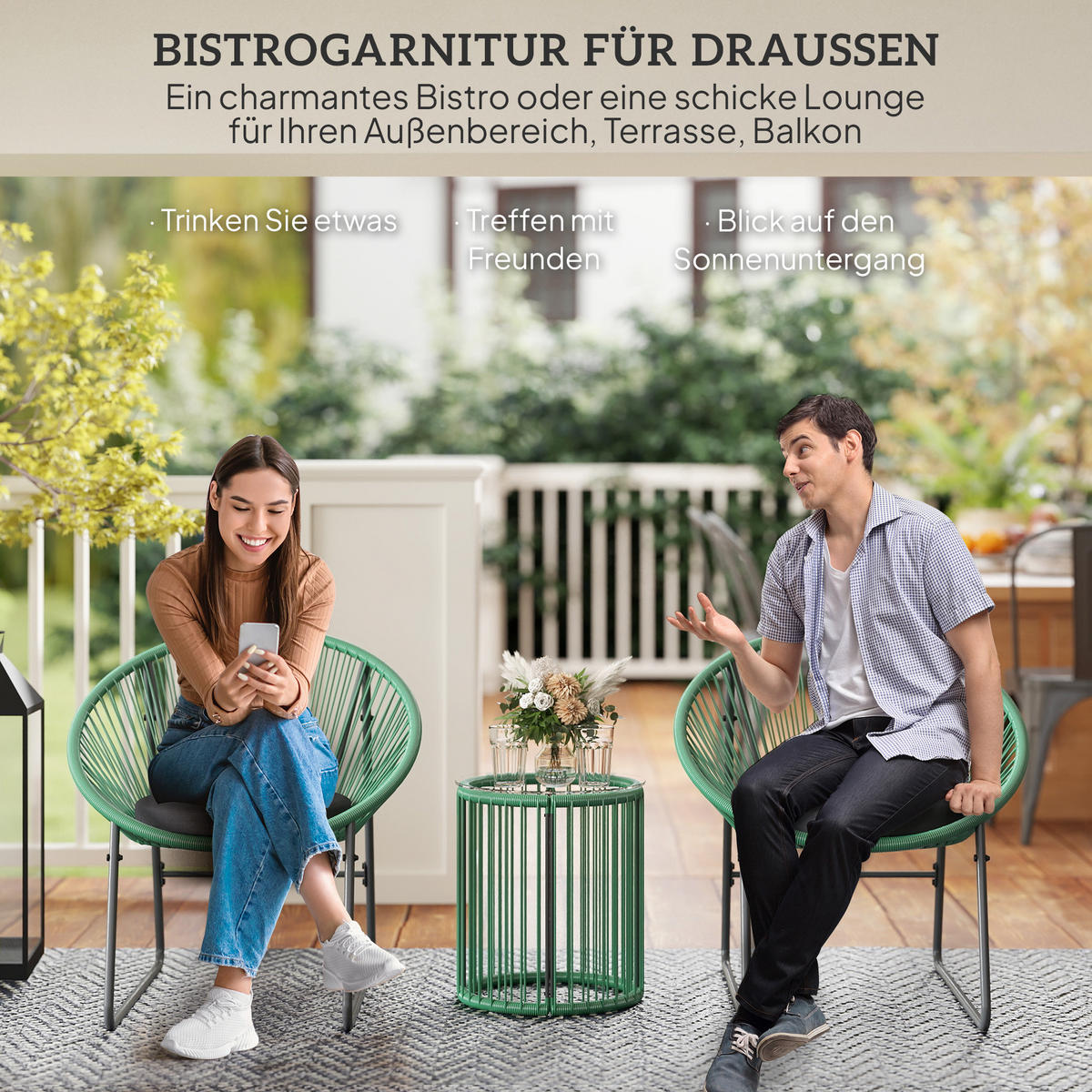 GARTENMÖBEL-SET, Outdoor Lounge Balkonmöbel für 2 Personen Grün - Grün, Metall - Outsunny