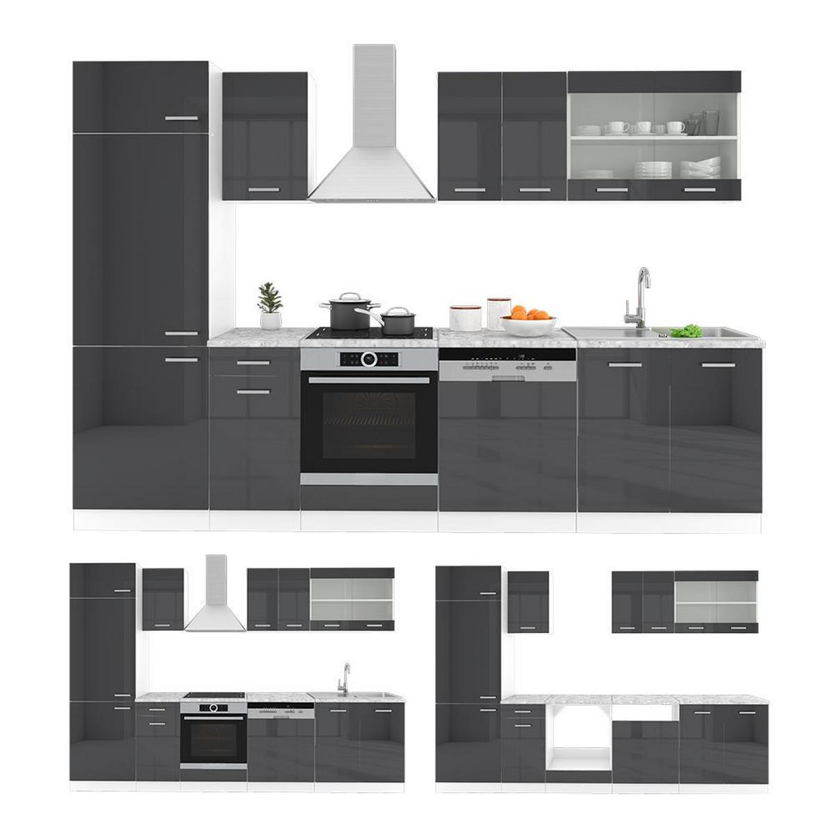 KITCHENETTE R-Line Antracit lucios/alb 300 cm , AP Stejar - alb/negru cu luciu intens, compozit lemnos (300/206.8/60cm) - Vicco