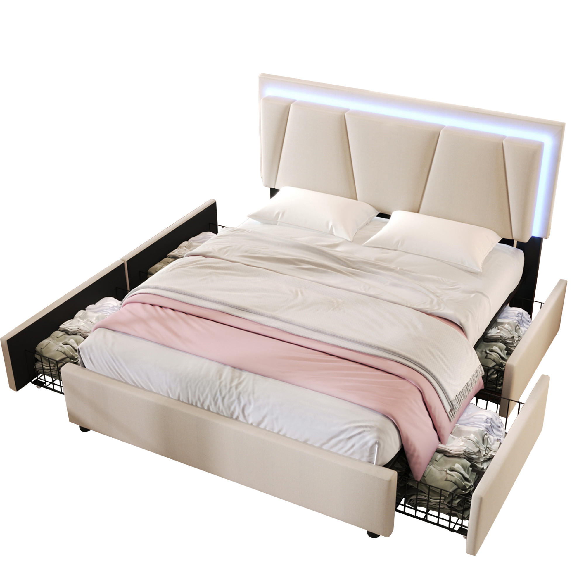 POLSTERBETT mit LED-Beleuchtung 140/200 cm mit 4 Schubladen & verstellbarem Kopfteil - Beige, Holz (140/200cm) - BEAOK