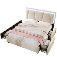 POLSTERBETT mit LED-Beleuchtung 140/200 cm mit 4 Schubladen & verstellbarem Kopfteil - Beige, Holz (140/200cm) - BEAOK