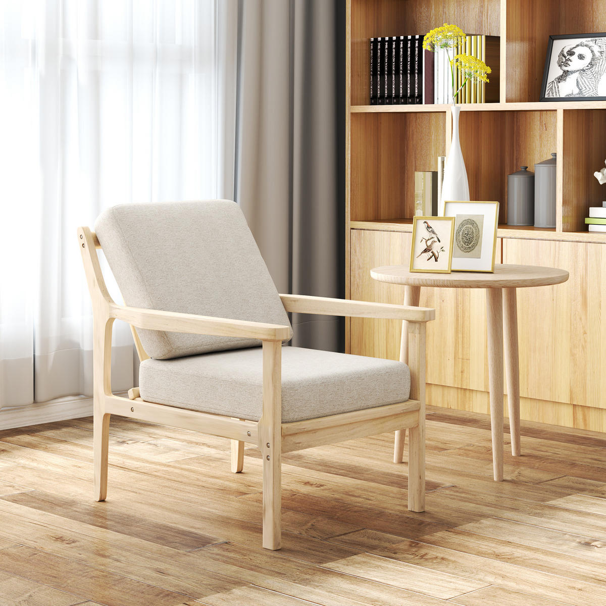 SESSEL Gepolstert Loungesessel mit Leinenoptik, Armlehne für Schlafzimmer - Beige, Kunststoff (82/82/62cm) - HOMCOM