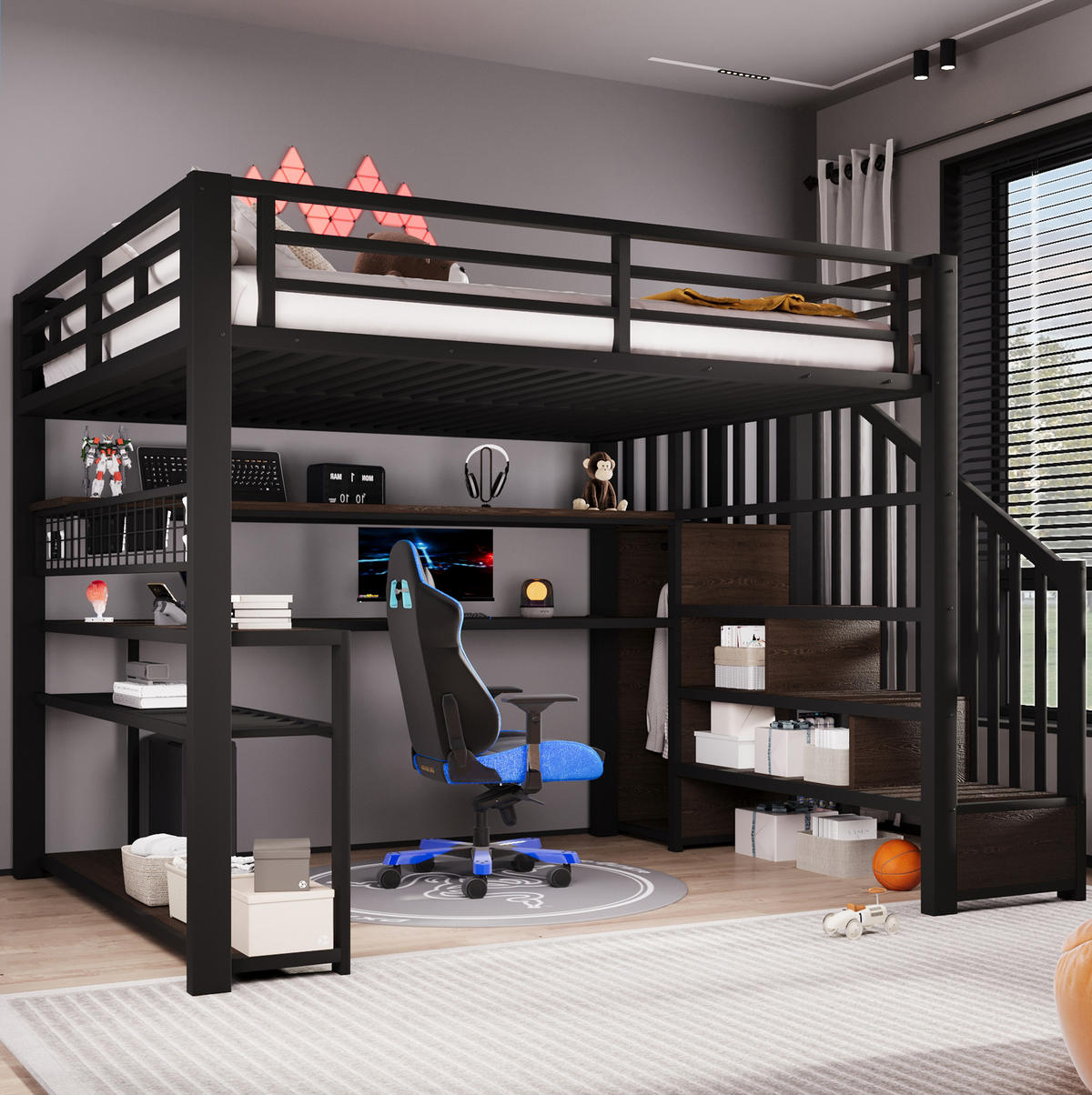GAMING-HOCHBETT 140x200 cm in Schwarz mit LED, Schreibtisch, Kleiderschrank und Stauraum - Schwarz, Holzwerkstoff (140/200cm) - IVMEU