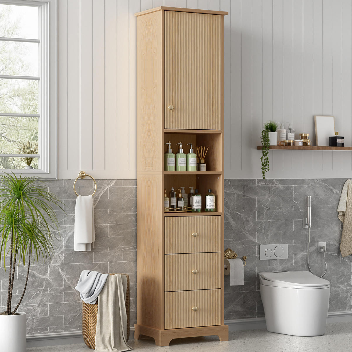 BADEZIMMER Hochschrank mit vertikalem Streifenmuster, Schubladen, offene Regalböden, Naturholzfarbe - Naturfarben, Holz (40/172/30cm) - PARAFTA HOME